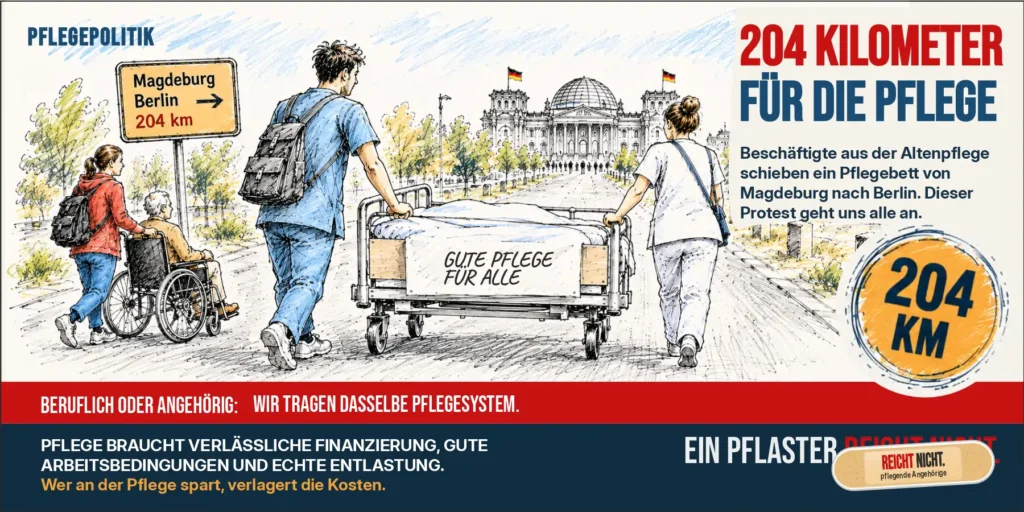 Zwei Pflegebeschäftigte schieben ein Pflegebett auf einer langen Straße in Richtung Bundestag. Eine pflegende Angehörige und ein pflegebedürftiger Mensch stehen für die gemeinsame Betroffenheit.