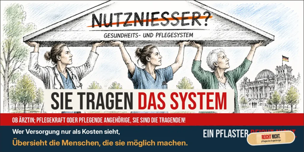 Ärztin, Pflegefachkraft und pflegende Angehörige tragen gemeinsam symbolisch das Gesundheits- und Pflegesystem. Darüber steht die Frage „Nutznießer?“, darunter die Aussage „Sie tragen das System“.