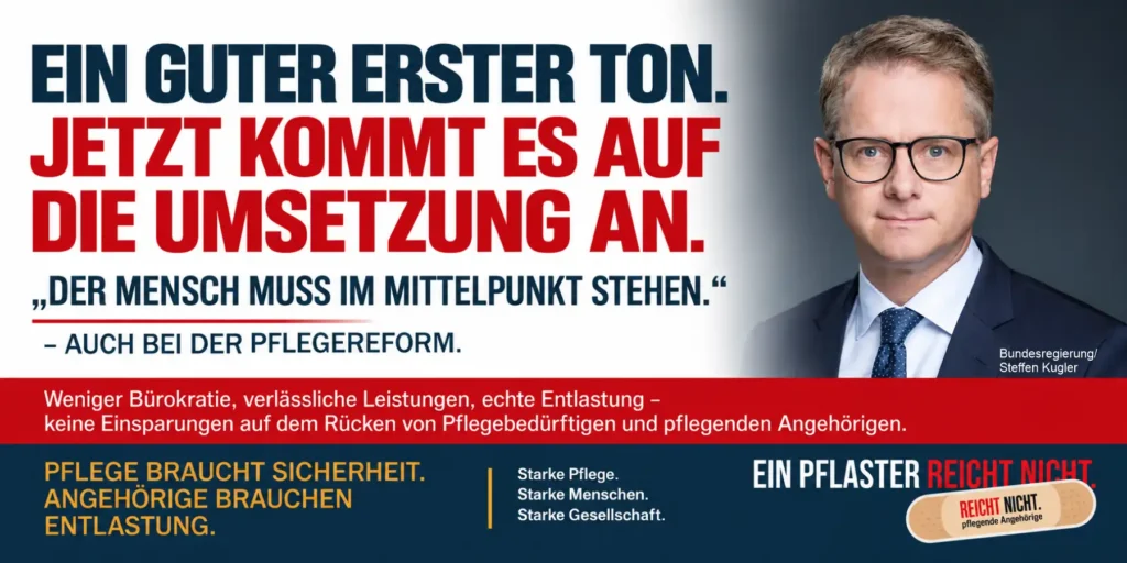 Beitragsgrafik zur ersten Rede von Bundesgesundheitsminister Carsten Linnemann mit der Forderung: „Der Mensch muss im Mittelpunkt stehen – auch bei der Pflegereform.“
